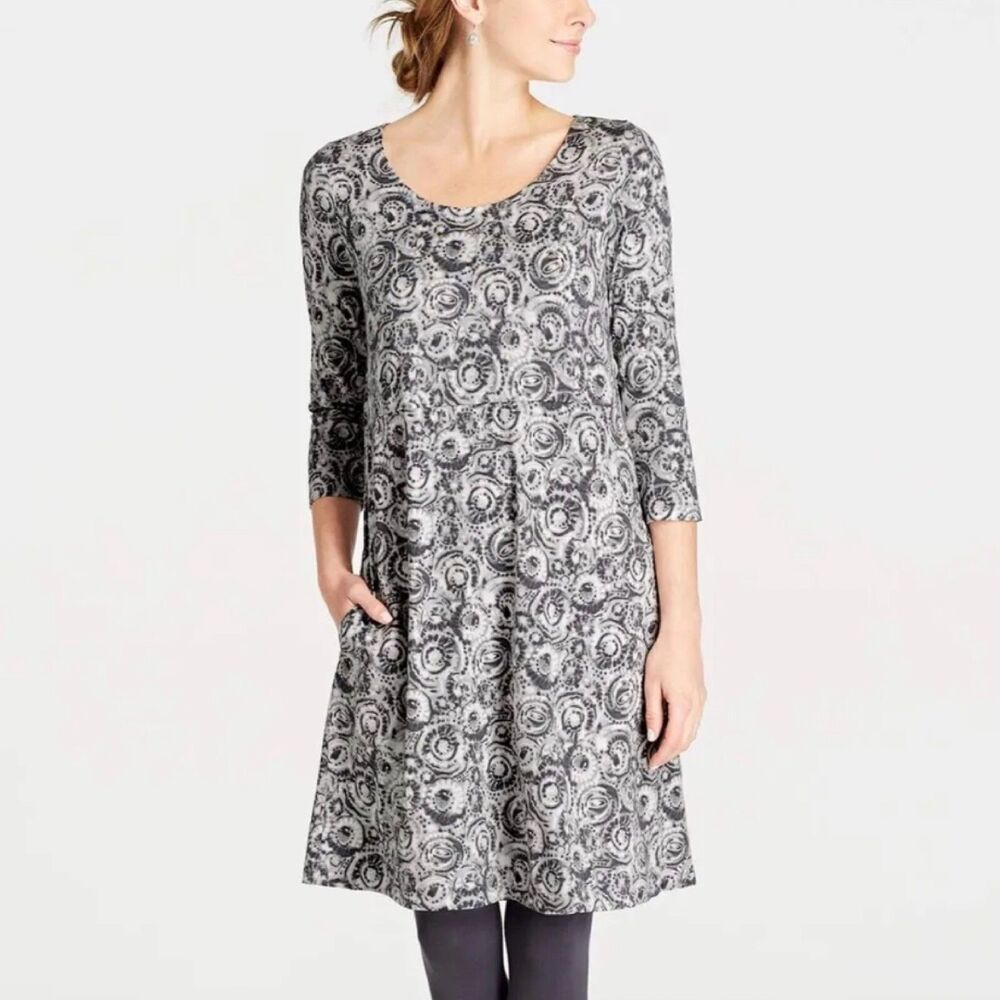 J. Jill Dress Petite Size Small Taupe White Swirl 3/4 Sleeves Pockets Pure Jill